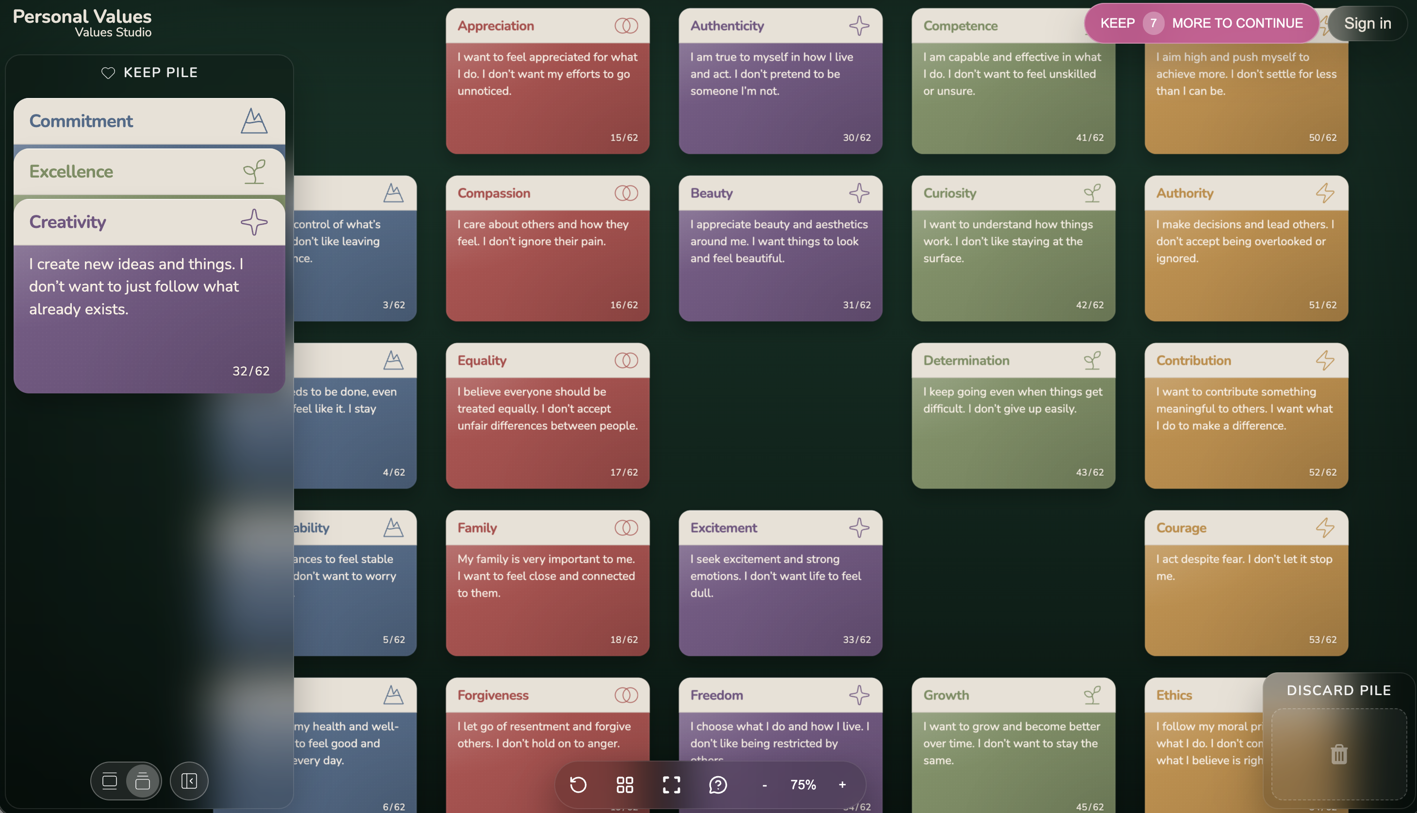 sorting value cards into a keep pile in the Values Studio