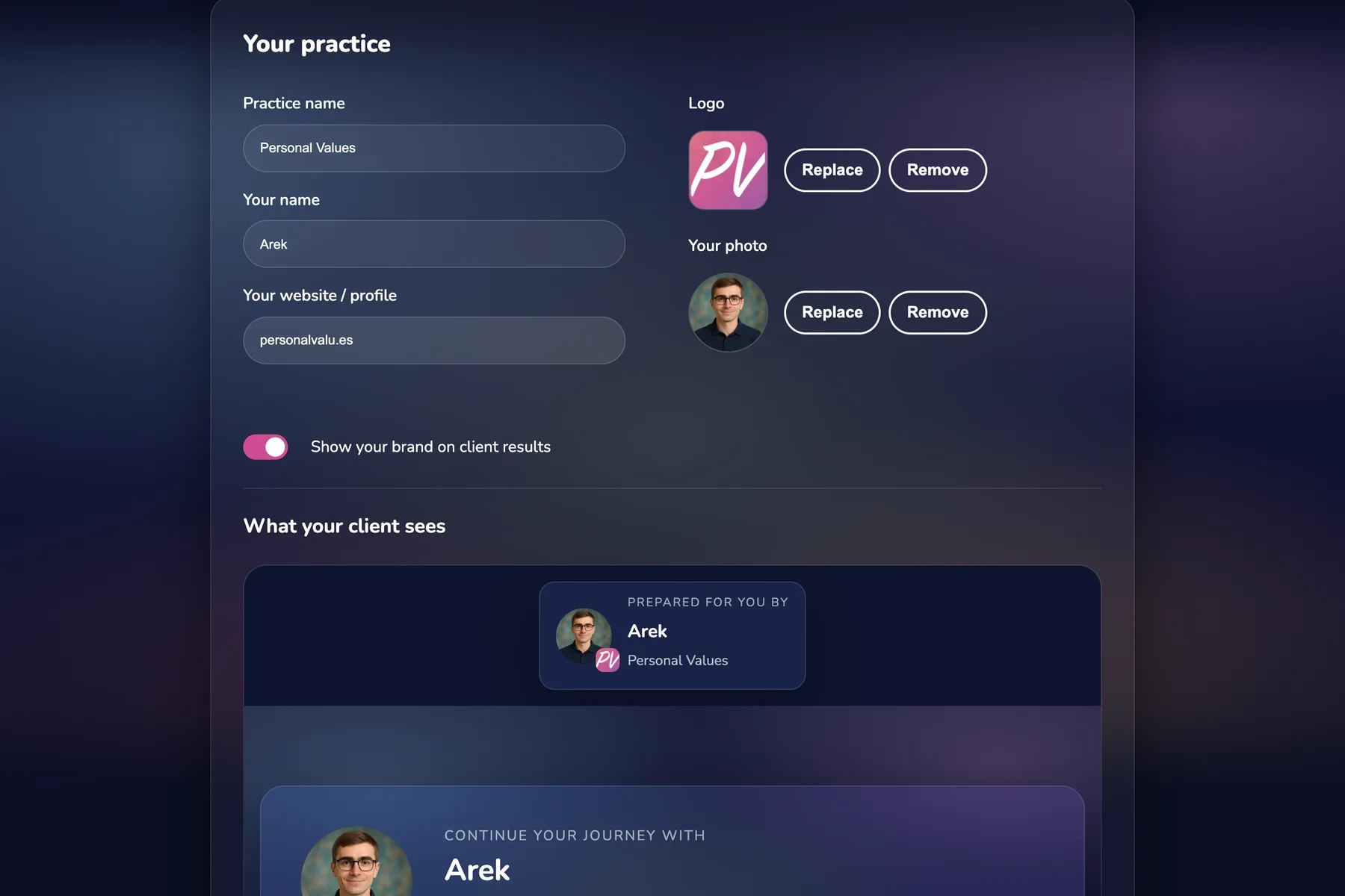 The practice details being filled in, beside a preview of the mark the client sees on their result.